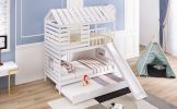 Twin over Twin House Bunk Bed with Trundle and Slide ; Storage Staircase; Roof and Window Design