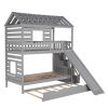 Twin over Twin House Bunk Bed with Trundle and Slide ; Storage Staircase; Roof and Window Design