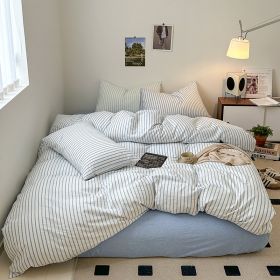 Cotton Yarn-dyed Washed Cotton Four-piece Set Full-cotton Fitted Sheet Non-printed Minimalist Bed Sheet Duvet Cover (Option: Blue Gray Stripe-1.2m Fitted Sheet)