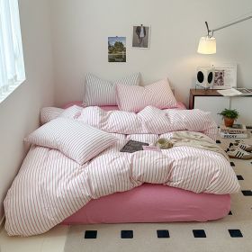 Cotton Yarn-dyed Washed Cotton Four-piece Set Full-cotton Fitted Sheet Non-printed Minimalist Bed Sheet Duvet Cover (Option: Rose Vermicelli-1.8m Fitted Sheet)